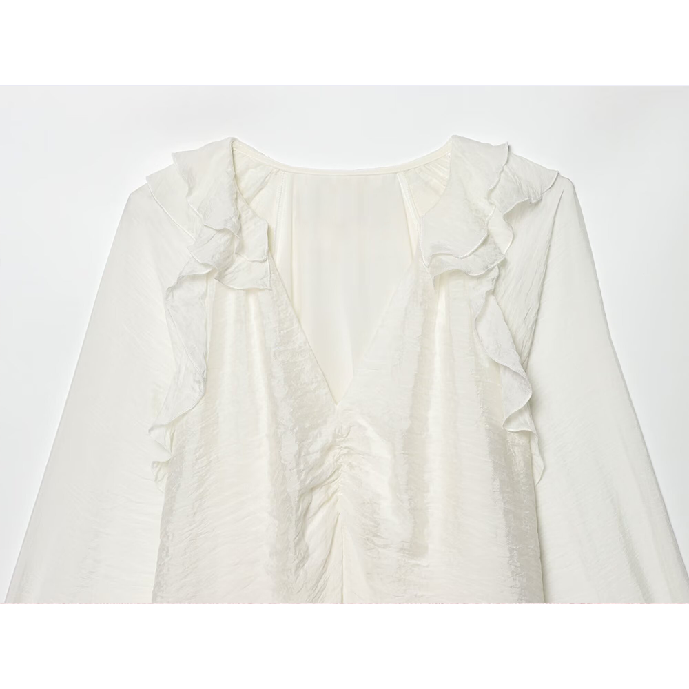 Women's layered decorative V-neck pleated shirt