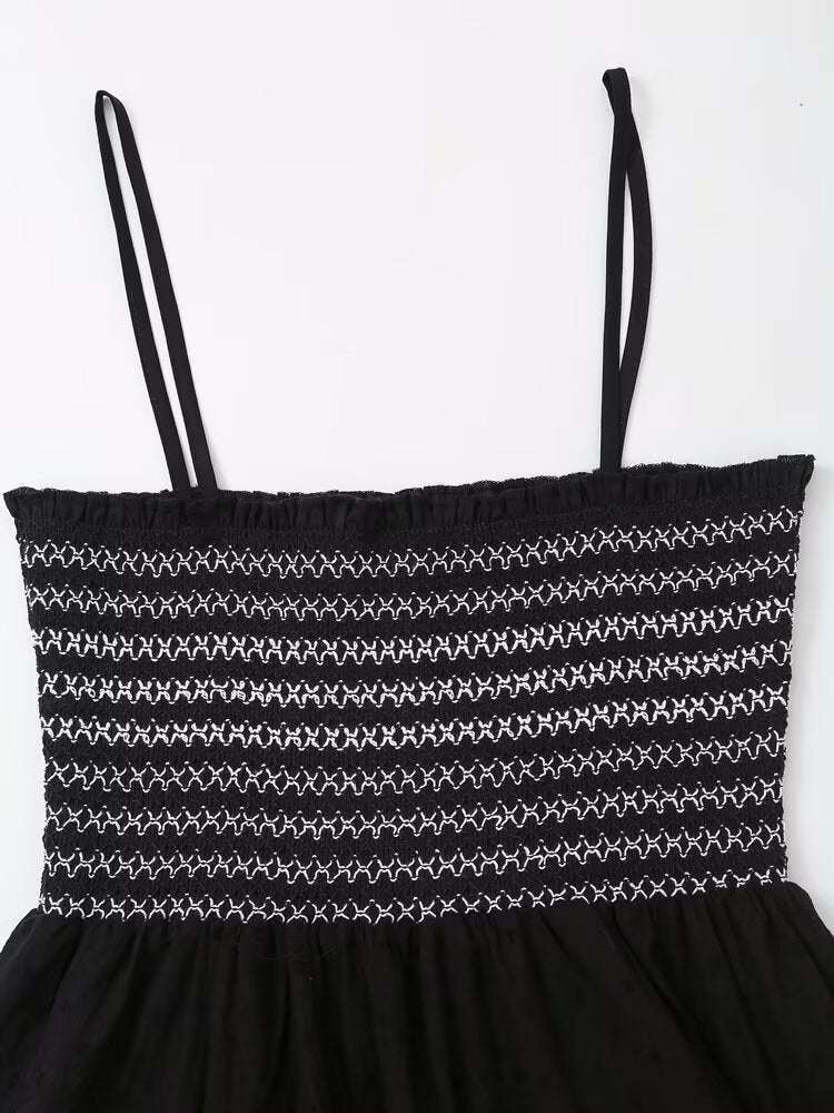 Women's new fashion sleeveless pleated embroidered suspender MIDI dress