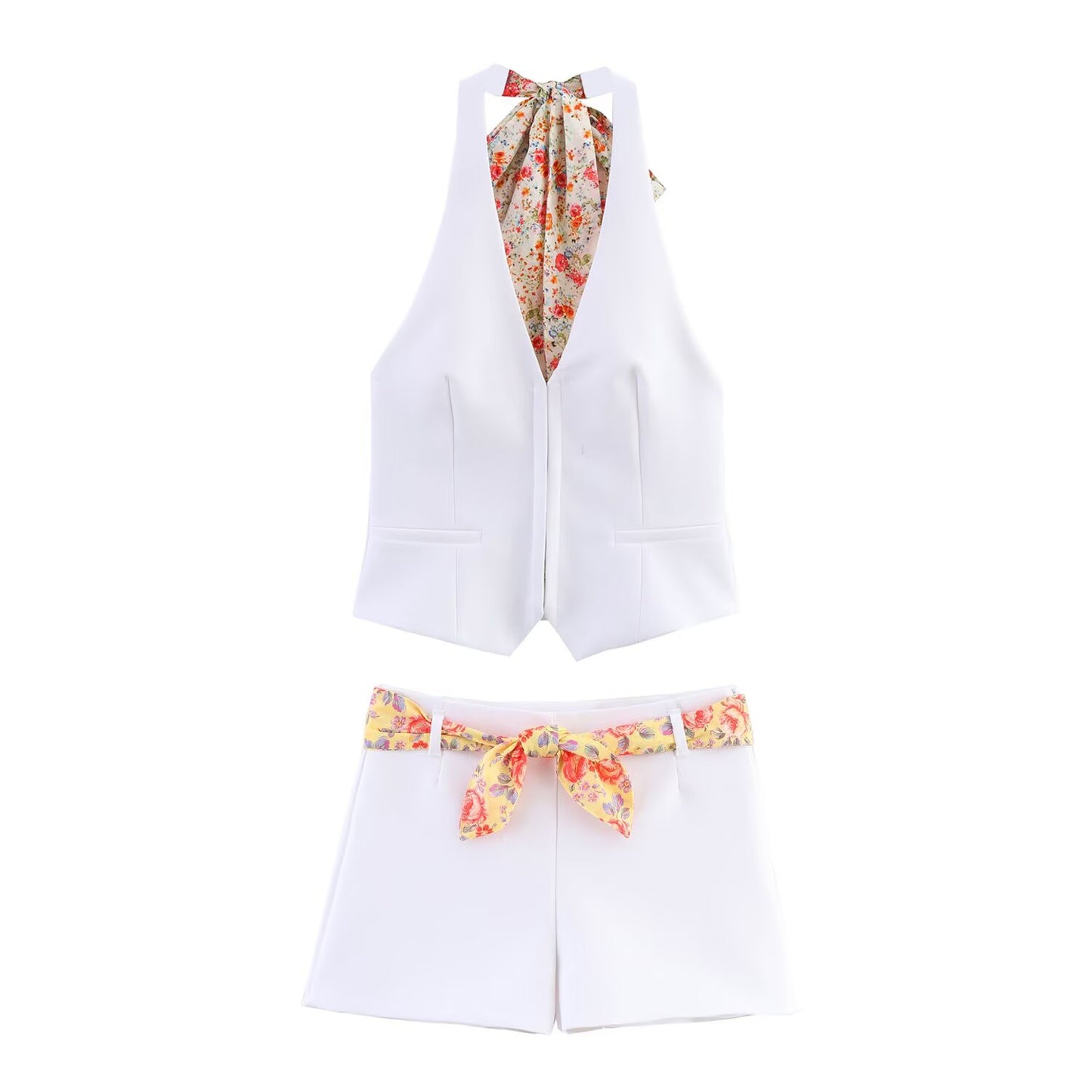 Women's new fashion printed halter neck vest retro sleeveless backless women's vest+Shorts Women's suit