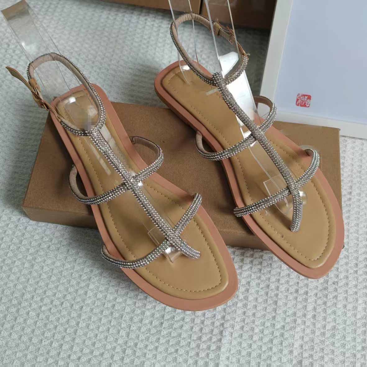 Women's New Casual Joker Toe Rhinestone Snake-wound Flat Sandals