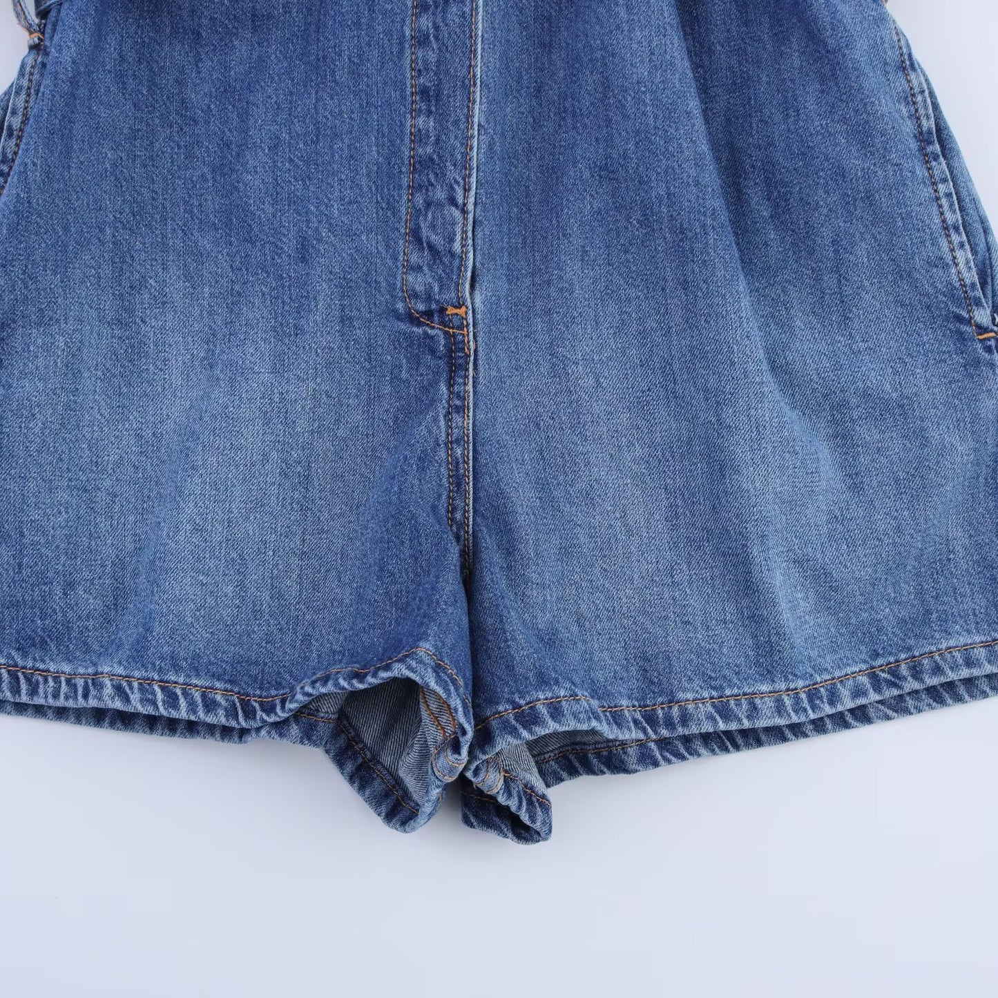 Women's' New Fashion with Belt casual single breasted denim short jumpsuit