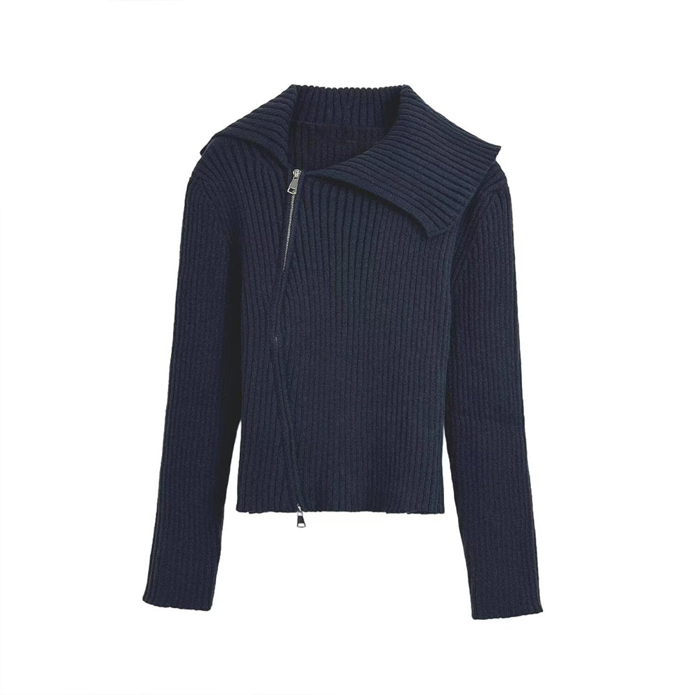 Women's new fashion double zipper lapel ribbed knitted Coat
