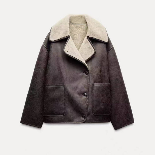 Women's loose warm double-sided Fur Faux Leather jacket Coat