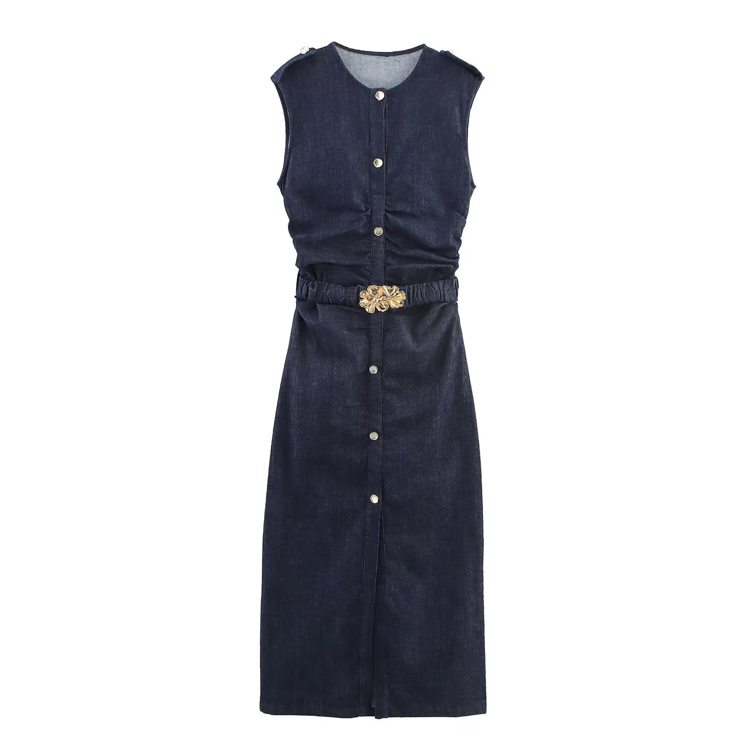 Women's new fashion with Belt slim pleated denim Midi dress