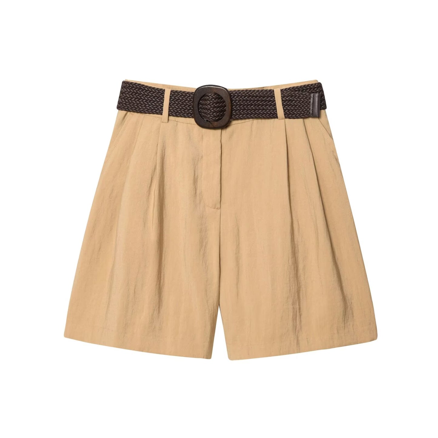 Women's new fashion with Belt casual side pocket high waist pleated shorts