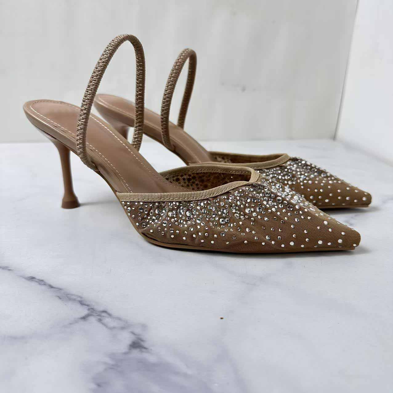 Women's New Fashion Joker Bright Water Diamond Mesh Fashion Temperament with High Heels.