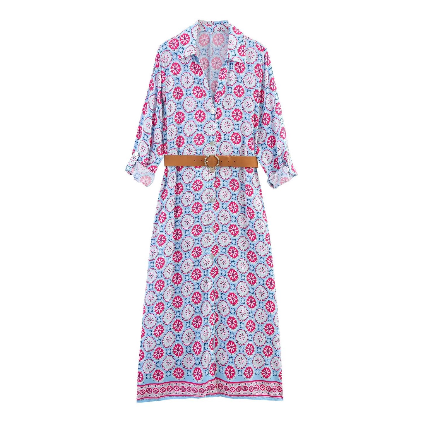 Women's new chic Fashion With Belt printed shirt style MIDI dress retro long sleeved button up women's dress
