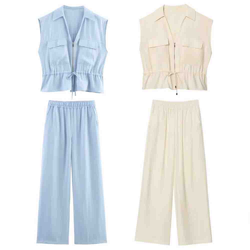 set woman 2 pieces New Fashion sleeveless V-neck unisex style top+Pants suit