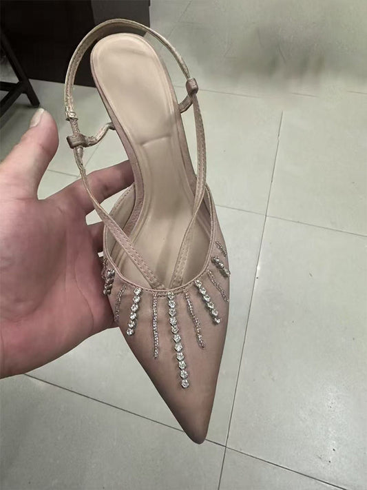 Women's New Fashion Joker Pointed Rhinestone Chain Decorative Stiletto Sandals.