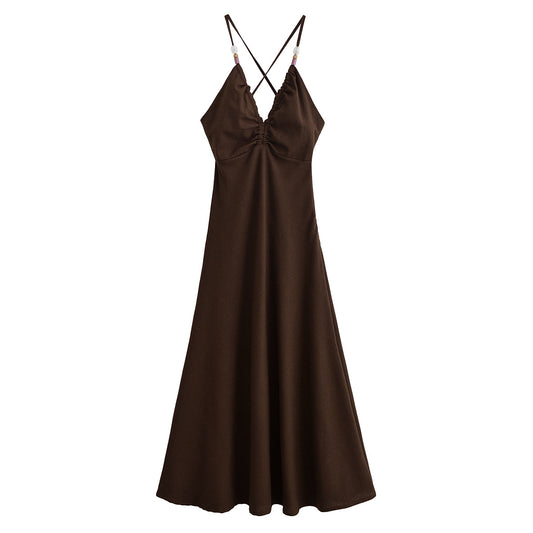 Women's new fashion slim backless linen blended suspender MIDI dress
