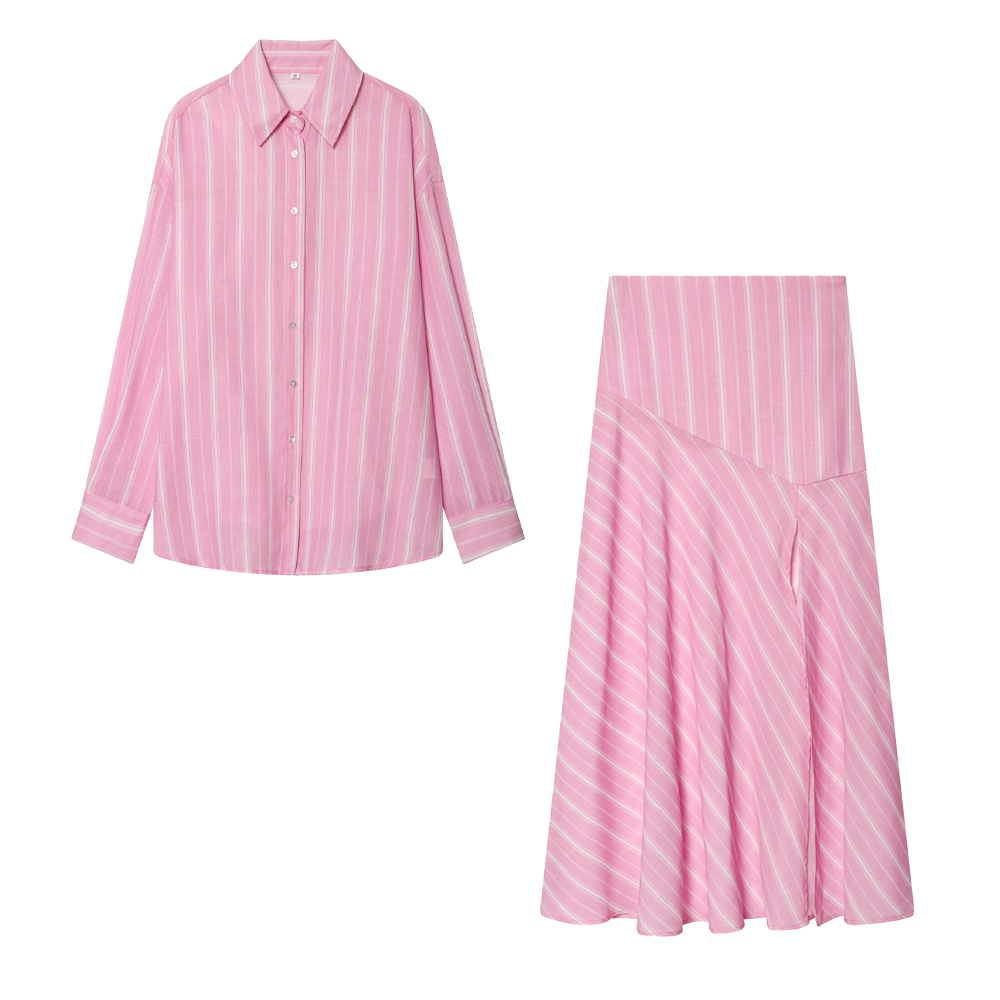 suit Women's 2 pieces loose linen blended striped shirt+Skirts