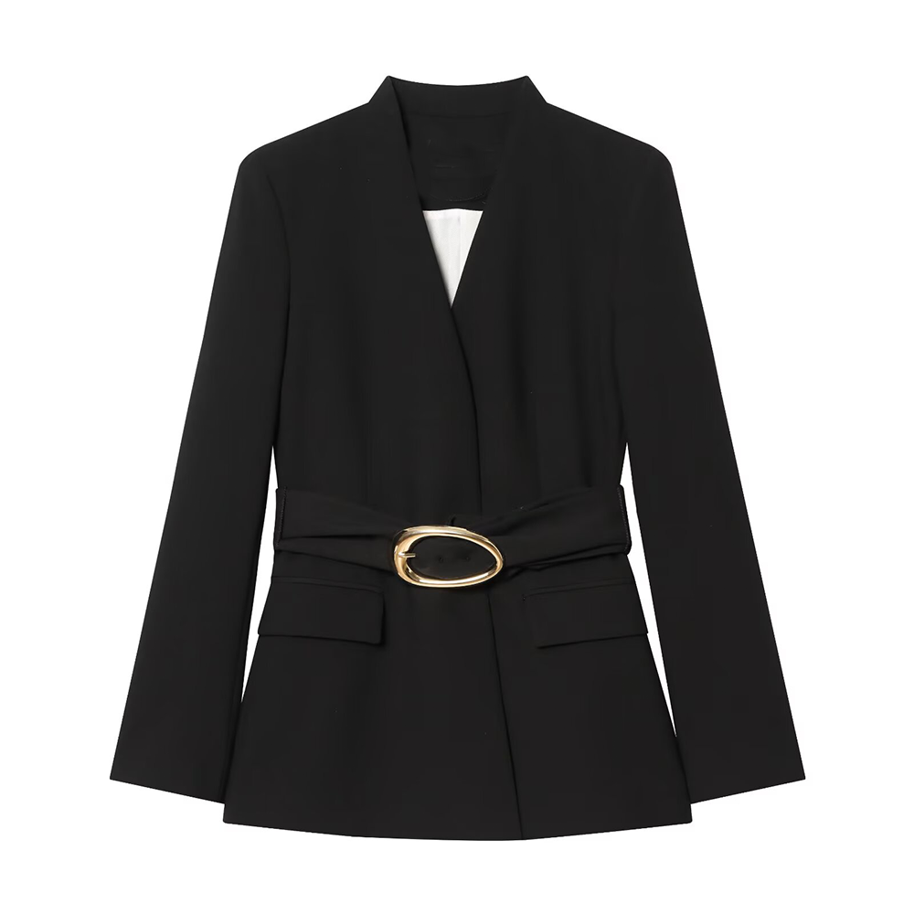 suit Women's 2 pieces gold buckle belt decoration Blazer Coat +Pants