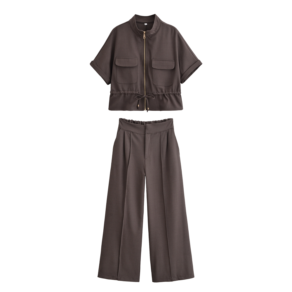 Women's new fashion Drawstring decoration casual short sleeved zipper shirt+Pants Women's suit