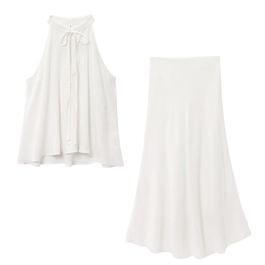Women's new fashion bow decoration sleeveless linen blend hanging neck top+Skirts Women's suit