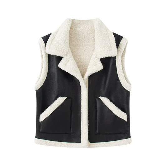 Women's patchwork fleece Fur Faux Leather vest Coat