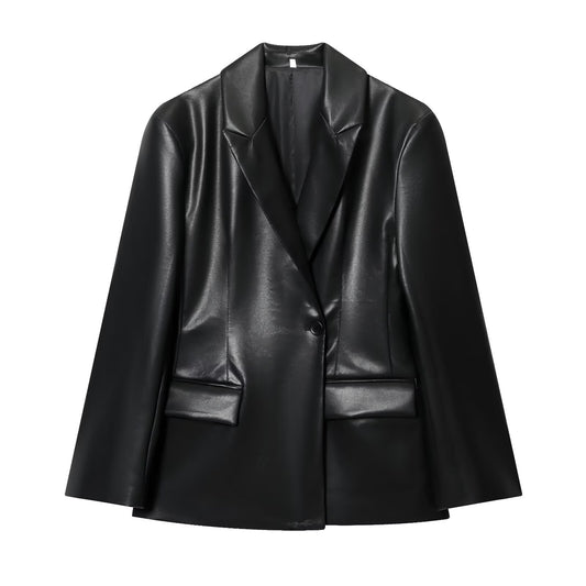 Women's new fashion black slim faux leather effect suit Coat