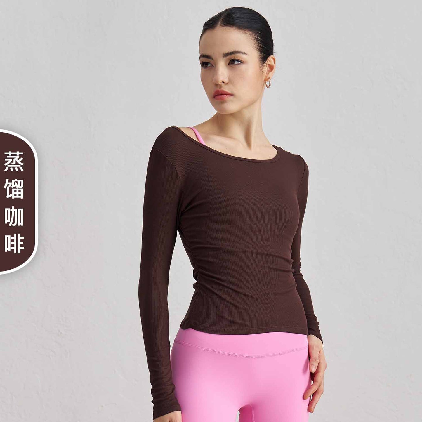 Women's New Ribbed Nude Yoga Clothes Pleated Slim Round Tie Finger Sleeve Fitness Long Sleeve Top