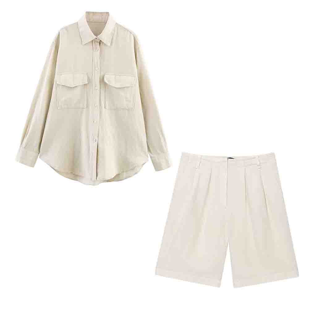 Women's new fashion loose single breasted long sleeved linen blend shirt+Shorts Women's suit