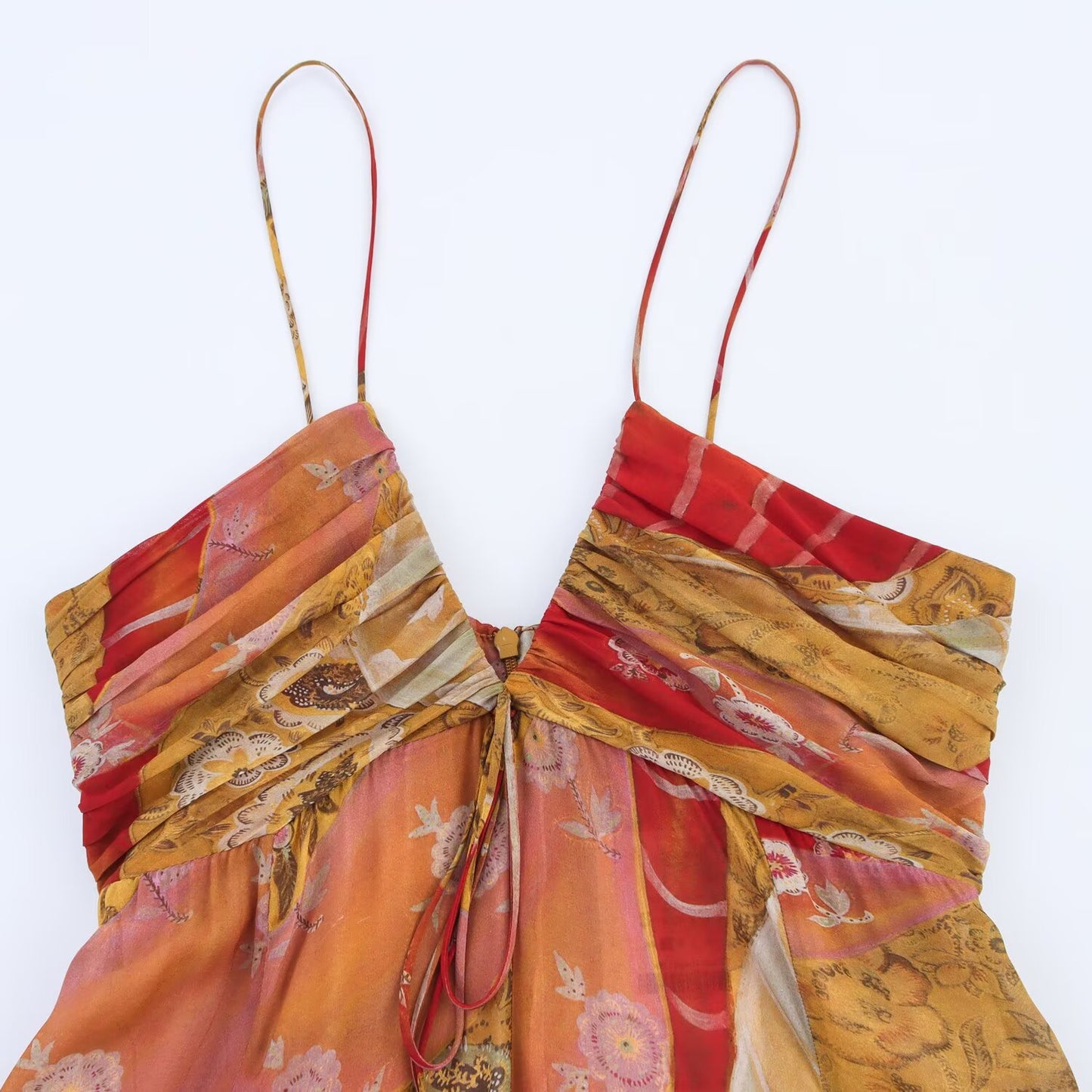 Women's New Fashion Printed Draped Chiffon suspender Midi Dress