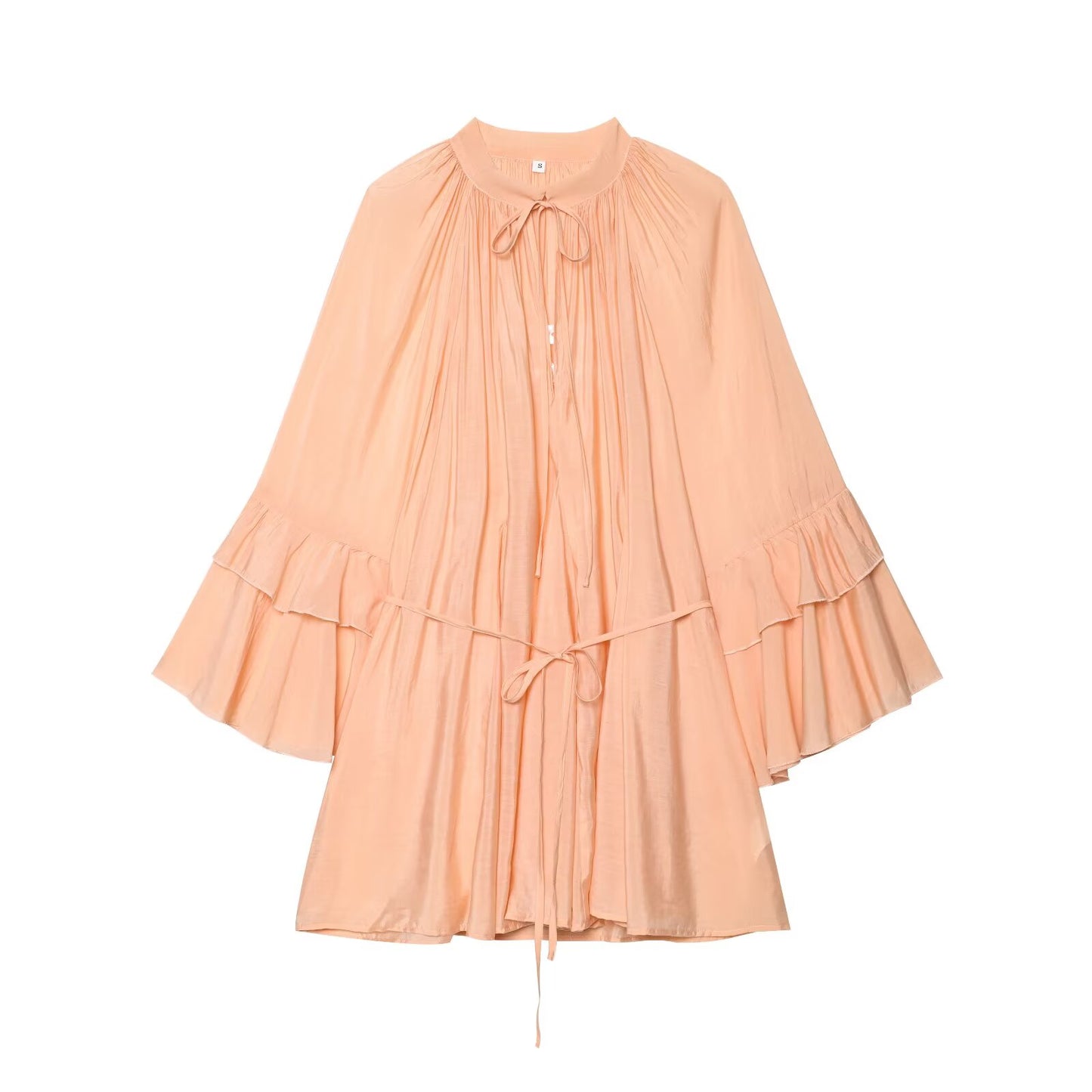 Women's new fashion ruffle edge decoration loose lace up long sleeved mini dress