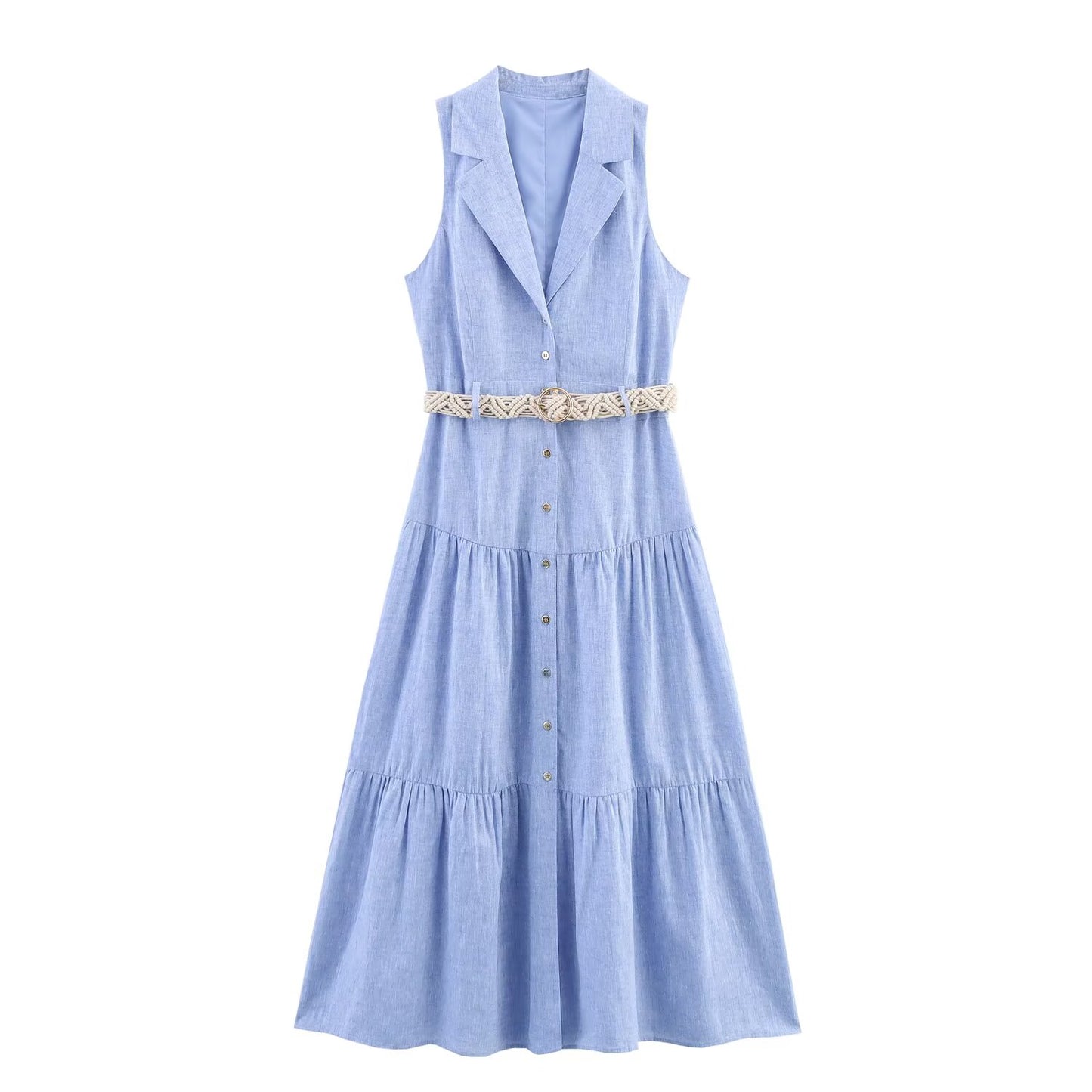 Women's' New Fashion With Belt Slim Single breasted Linen Blended Midi Dress