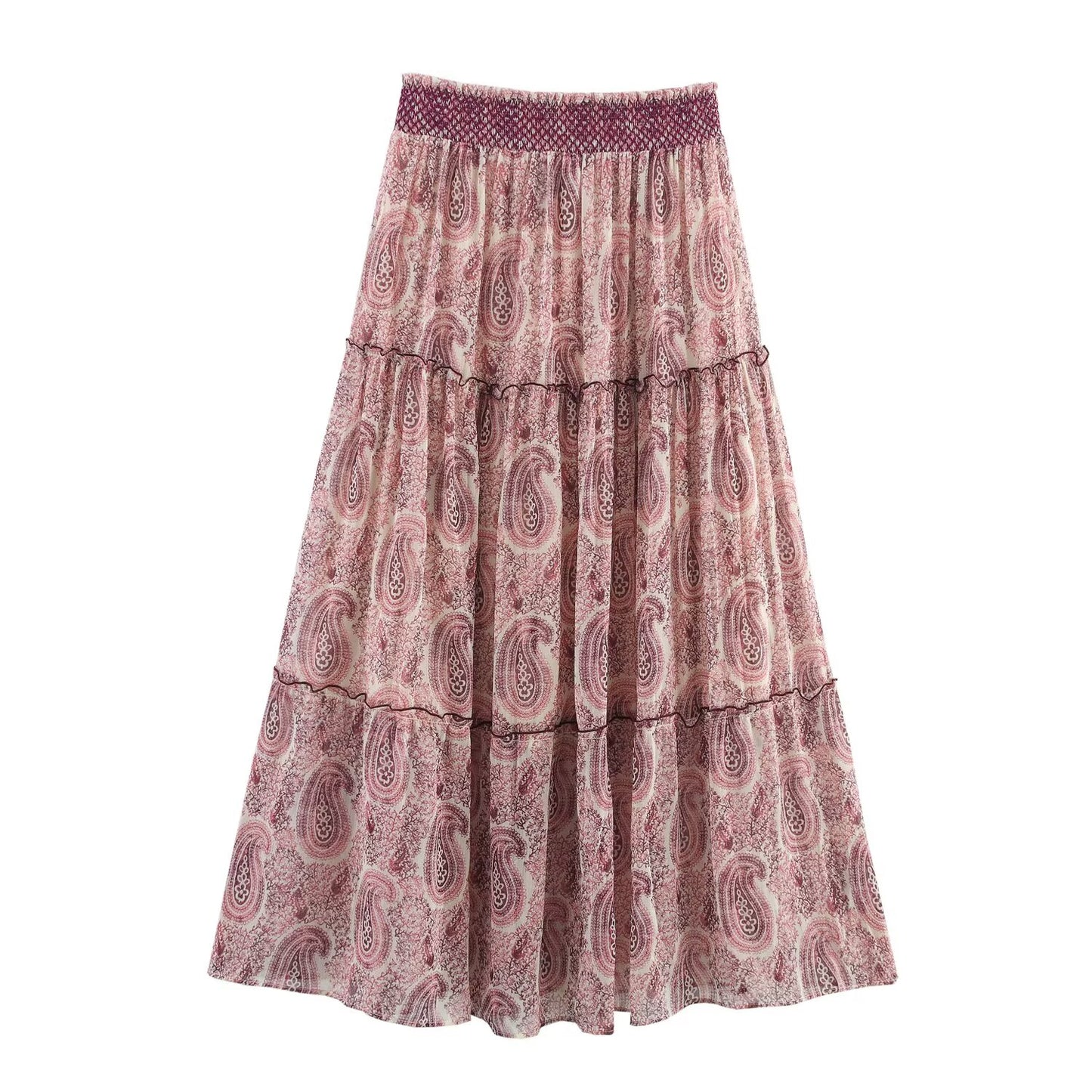 Women's new chic Fashion loose casual versatile pleated printed Midi skirt retro elastic waist women's skirt