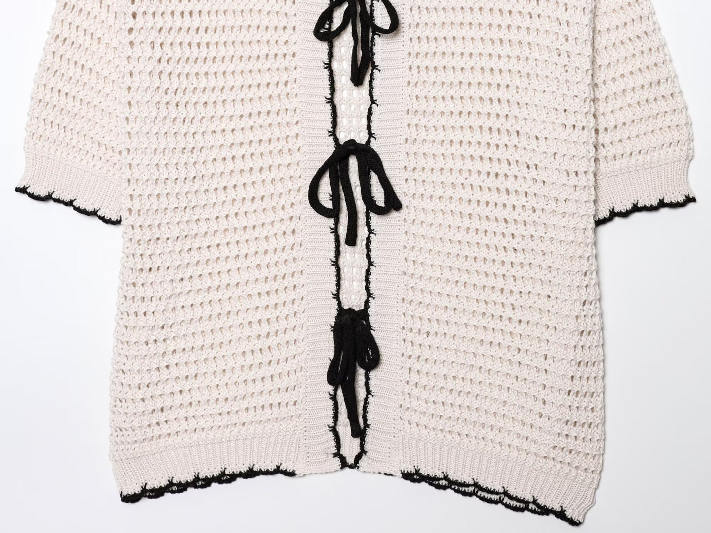 Women's new fashion bow Lace up decoration casual crochet polo shirt collar top