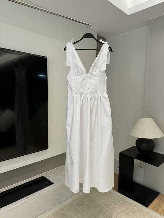 Women's 2025 chic fashion bow decorated poplin long dress retro sleeveless women's dress 