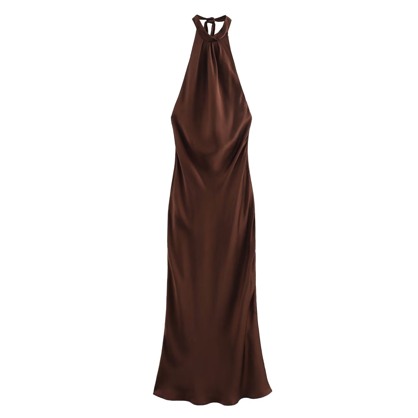Women's new fashion backless satin texture hanging neck MIDI dress